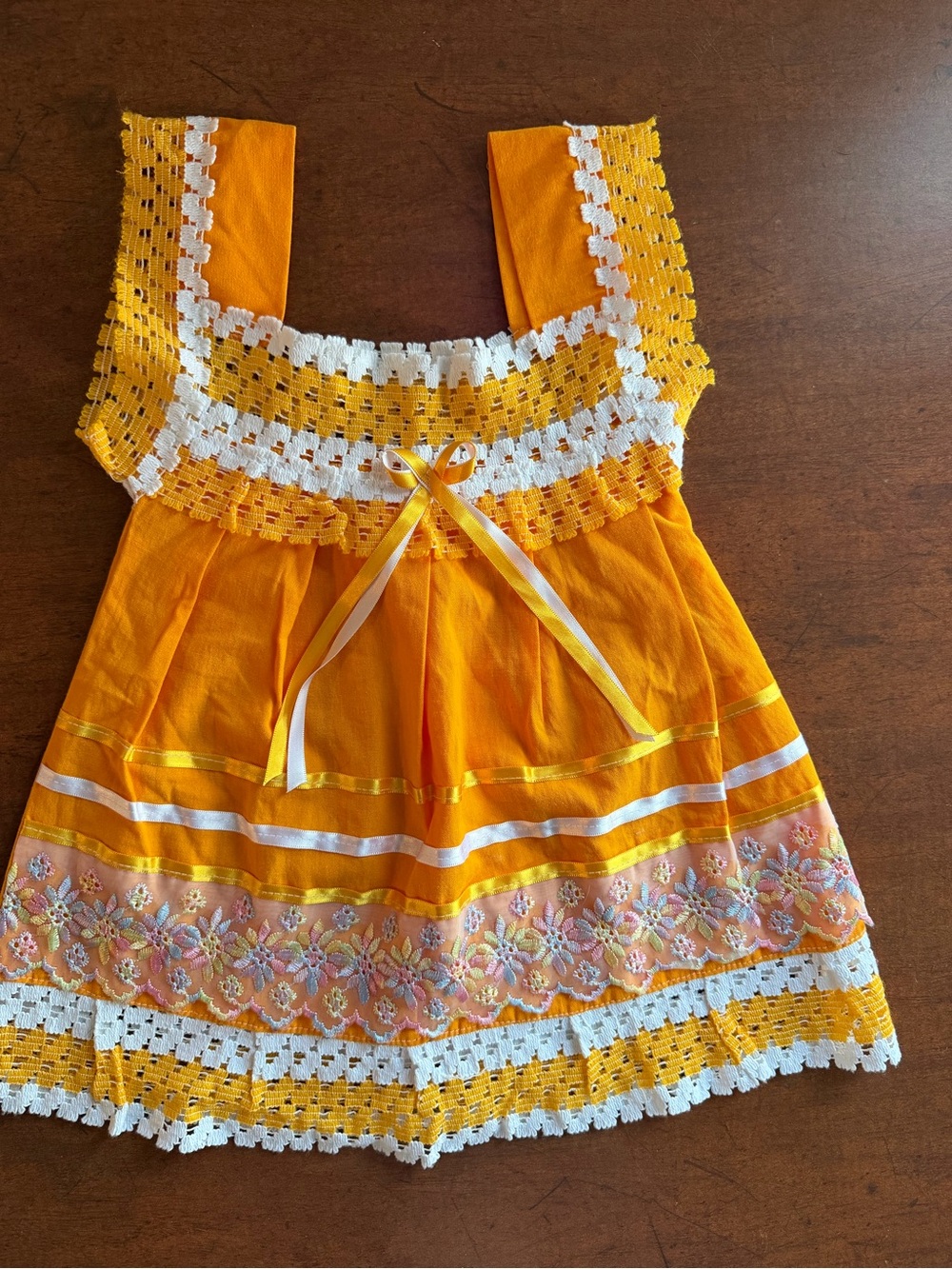 Handmade Yellow Embroidered Girls Sundress with White Trim